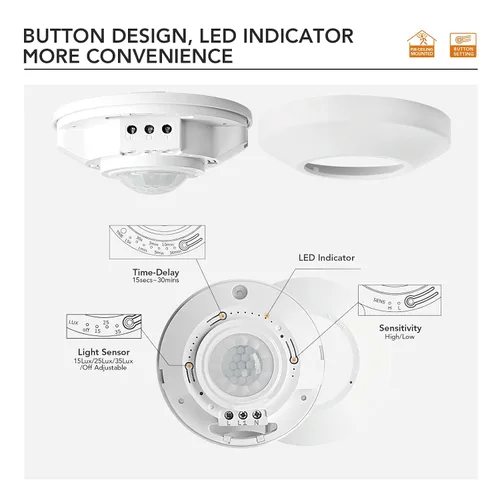 Vista 2 de RAYZEEK Sensor de movimiento de montaje en techo, sensor de movimiento 360, 110V-265V, 1100W, interruptor de sensor de ocupación para techo