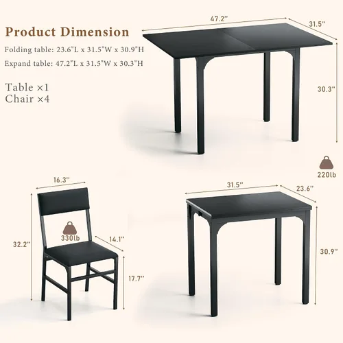 Vista 5 de HUAHUU Juego de mesa de comedor para 4, juego de mesa de cocina extensible con cojines y sillas, conjunto de 4, mesa de comedor rectangular