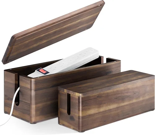 Vista 10 de Caja de gestión de cables de madera de acacia TIDITA con borde redondo - Caja organizadora de cables de madera de 40.6 cm de largo para ocultar