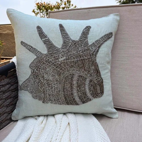 Vista 5 de The HomeCentric Funda de cojín para sofá, 12 x 12 pulgadas, funda de almohada decorativa cuadrada de lino azul claro con zardozi y cuentas bordadas