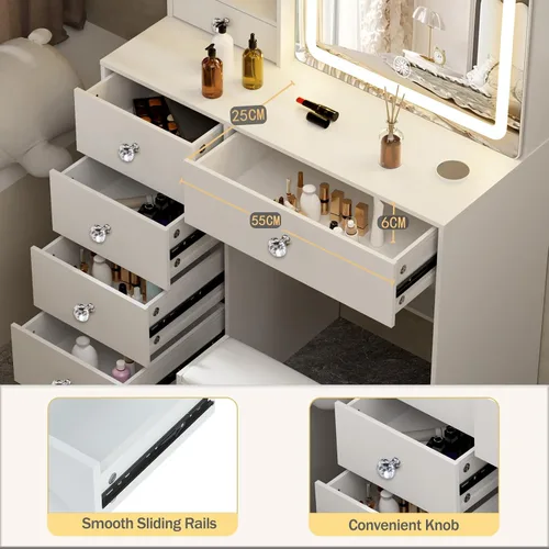 Vista 5 de Escritorio blanco cálido con espejo iluminado LED, mesa de tocador de maquillaje con armario izquierdo iluminado, 6 cajones y taburete, tocador