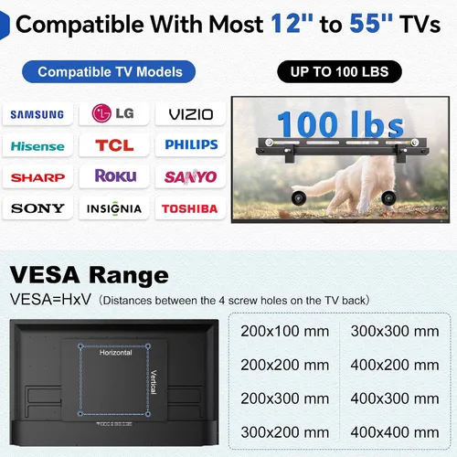 Vista 6 de Auoace Soporte de TV pequeño para televisores de 12 a 55 pulgadas, soporte universal de TV de perfil bajo de 1.1 pulgadas, hasta 100 libras, se