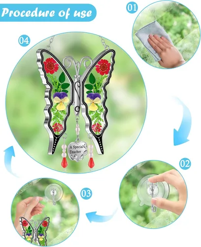 Vista 9 de KY &BOSAM - Atrapa luz de vitral con mariposa de color, con la frase A special teacher. Campanilla para el viento, como regalo para la profesora