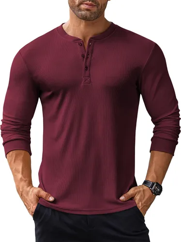 Vista 55 de COOFANDY Camisas Henley de manga larga para hombre, camisetas elásticas acanaladas, camisetas básicas casuales de moda