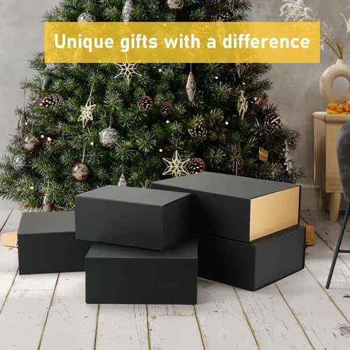 Vista 7 de Ditwis Caja de regalo de 12x9x4 pulgadas con tapa de cierre magnético, caja magnética negra y dorada para boda, propuesta de padrinos y damas