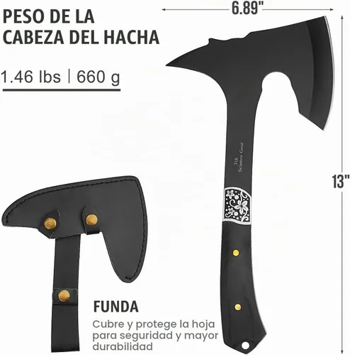 Vista 2 de Hacha de camping con vaina de cuero – Tomahawk de supervivencia compacta de 13" con tang completo y mango de madera para senderismo, supervivencia