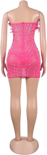 Vista 4 de Aro Lora Vestido sexy para mujer, sin tirantes, con plumas, con diamantes de imitación, de malla transparente
