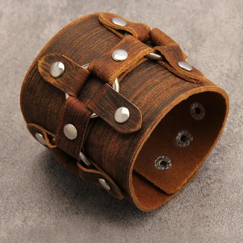 Vista 2 de Pulsera de cuero para hombre, brazaletes de cuero punk, pulsera de cuero negro para mujer