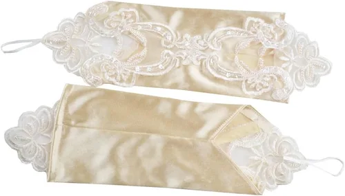 Vista 4 de JISEN Guantes de satén sin dedos de los años 20 para mujer, para banquete, fiesta, elegante, con encaje, bordados, para novia, 11 pulgadas