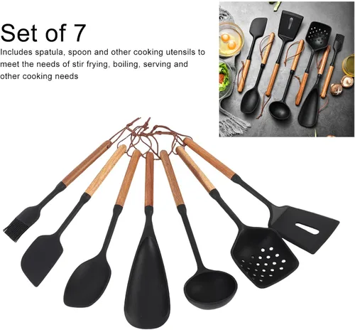 Vista 2 de Juego de utensilios de cocina de 7 piezas, espátula antiadherente de silicona a prueba de calor, espátula, cuchara con mango de madera para freír