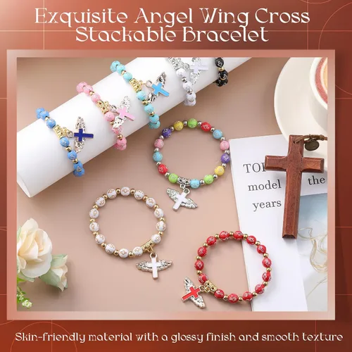 Vista 3 de Huquary 48 pulseras de rosario de cruz de ala de ángel acrílicas, pulseras de cuentas de cruz de ala de ángel para mujeres y hombres, Navidad