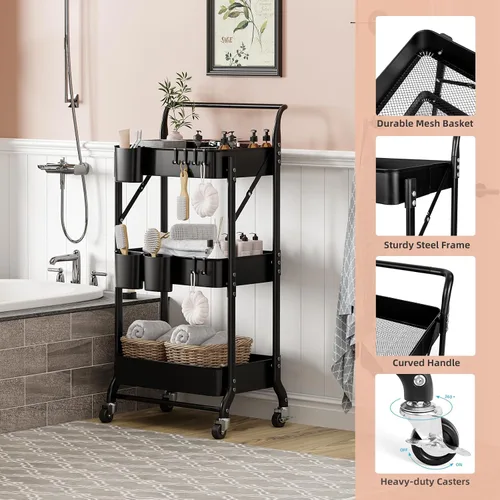 Vista 6 de Carrito plegable de 3 niveles con ruedas, carrito de utilidad plegable organizador, carrito de almacenamiento plegable con 3 tazas colgantes y 6