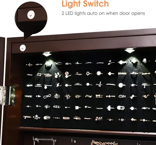 Vista 4 de Giantex Organizador de joyas montado en la paredpuerta con 2 luces LED, armario de joyería de altura ajustable con cerradura con espejo de longitud