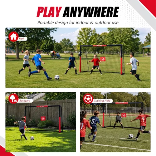 Vista 7 de Portería de fútbol para patio trasero, 6x4/8x5/10x6.5/12x6.5 pies de metal, porteria de fútbol para niños de 8-12 años, red de fútbol con diseño