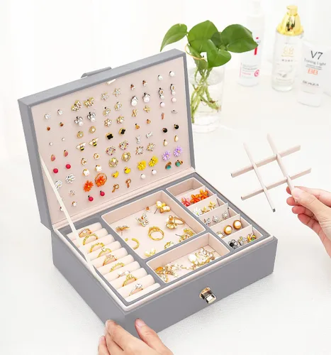 Vista 5 de QBestry Organizador de aretes de tuerca para mujeres y niñas caja de joyería gris para aretes collar organizador de joyas caja de aretes para mujer