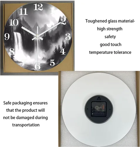 Vista 6 de XNM Relojes de Pared de Paisaje Natural para Baño, Funciona con Pilas, 30.5 cm, Negro y Blanco, Redondo, Silencioso, sin Tictac, de Vidrio, Pequeño