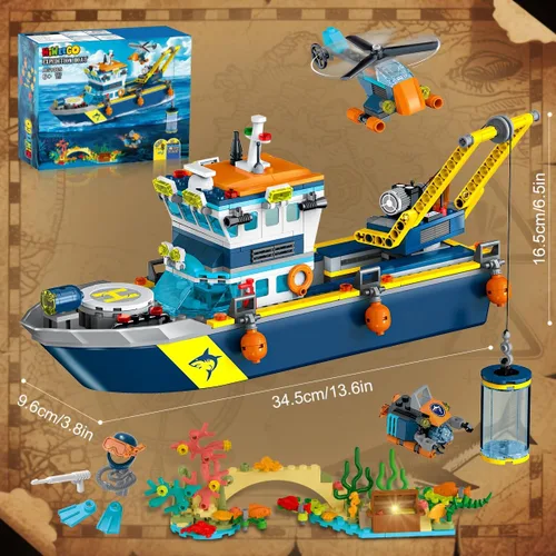 Vista 9 de HiWEEGO City Floatable Boat Building Set with LED Light - Ocean Arctic Explorer Ship Building Block Kit with Helicopter, Sub Exploration Toy