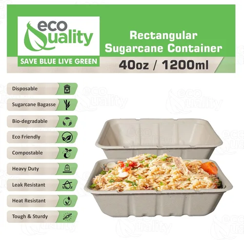 Vista 2 de EcoQuality Cuencos desechables de 40 onzas – Cuencos rectangulares compostables de fibra de caña de azúcar, biodegradables, ecológicos, oblongos