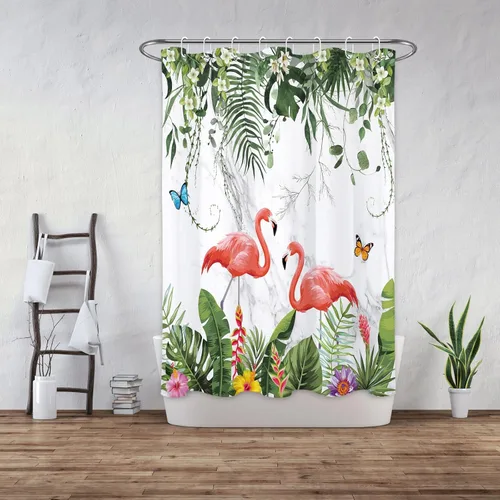 Vista 9 de EOBTAIN Cortina de ducha de hojas de plantas tropicales para baño, flamenco rosa y mariposa azul con hojas de palma en beige, cortina de ducha con 8