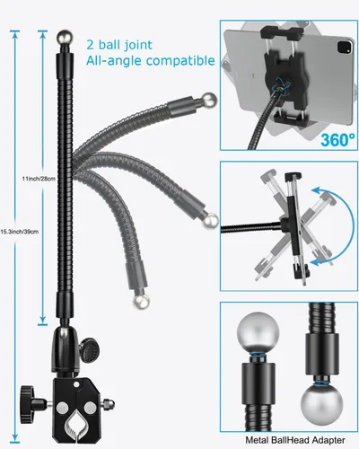 Vista 4 de Soporte de micrófono para tableta de cuello de cisne, soporte para iPad de teléfono woleyi para soporte de micrófono [abrazadera de brazo de metal]