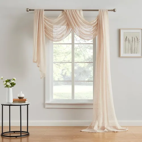 Vista 7 de Warm Home Designs Cortinas de lujo para sala de estar de 63 pulgadas de largo. Cortinas transparentes de lino con patrón de rayas punteadas.