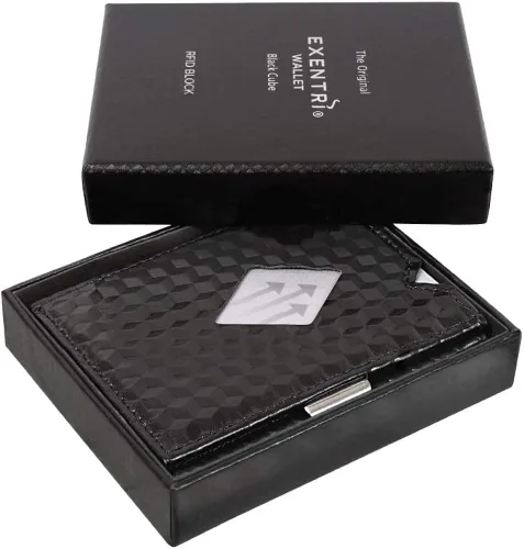 Vista 5 de EXENTRI Billetera Trifold de cuero - bloqueo RFID con clip de bloqueo de acero inoxidable