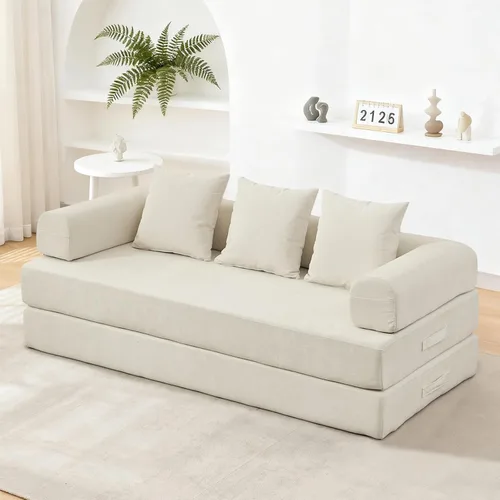 Vista 5 de Sofá cama convertible 4 en 1 de 79 pulgadas, sofás sin hueso, cama plegable de felpilla con cama extraíble, futón de suelo, sofá biplaza modular