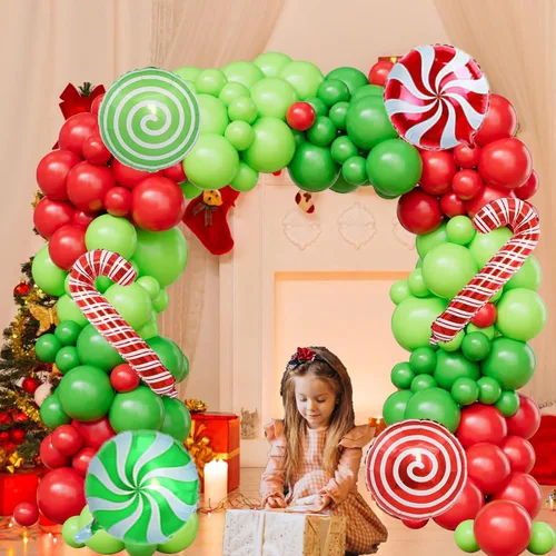 Vista 7 de Kit de arco de globos de Navidad, 129 globos de Navidad con globos de látex de 18 pulgadas, 12 pulgadas, 5 pulgadas, verde, rojo, lima, verde
