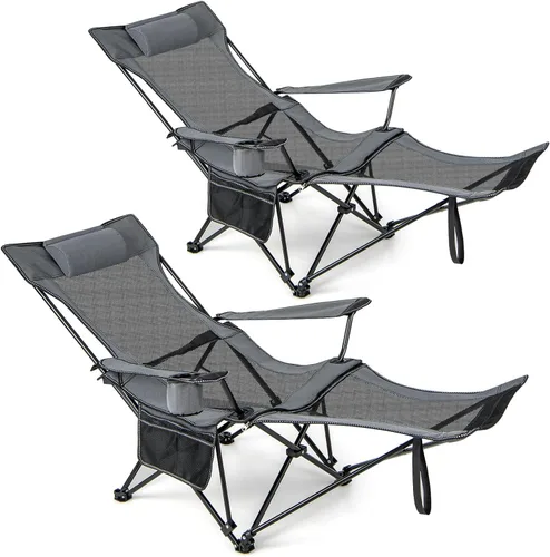 Vista 11 de GYMAX Silla de campamento, silla reclinable ajustable con reposapiés extraíble, almohada acolchada, portavasos y bolsillo lateral, silla plegable