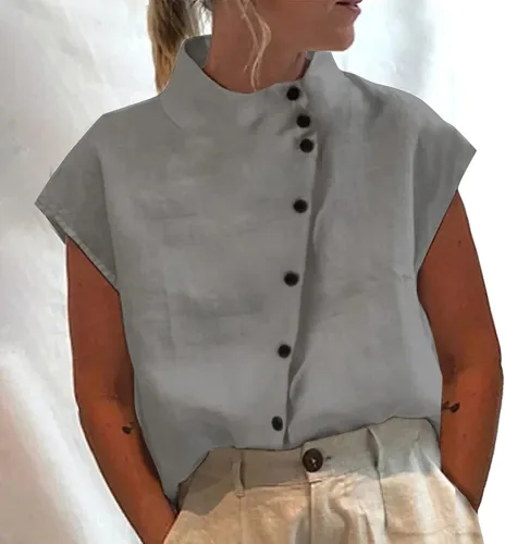 Vista 4 de Camisas con botones para mujer, estilo casual, color sólido, algodón, lino, cuello alto, manga corta, camisas básicas, S-2XL