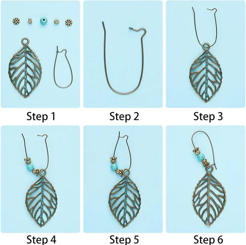 Vista 4 de SUNNYCLUE 1 caja de 9 pares de aretes colgantes de metal huecos bohemios vintage para hacer joyas, kit de iniciación de aleación verde, hoja