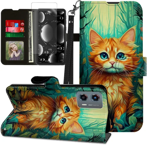 Vista 394 de Funda para Motorola Edge 2022 con protector de pantalla, soporte y tarjetero y correa para la muñeca, funda magnética para Moto Edge 2022 5G UW Lobo