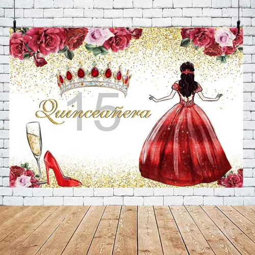 Vista 5 de AIBIIN Telón de fondo de quinceañera de cumpleaños número 15 para niñas, fondo de fotografía floral rojo, corona de princesa, tacones altos