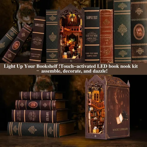 Vista 6 de Kit de rincón de libros, kit de casa en miniatura para bricolaje, casa de muñecas con cubierta antipolvo y luz LED, rompecabezas de sujetalibros