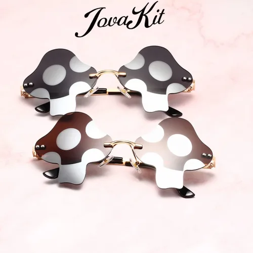 Vista 5 de JOVAKIT Gafas de sol con forma de hongo para mujeres y hombres, vintage, sin marco, retro, fiesta rave, Halloween, anteojos (doradoazul claro)