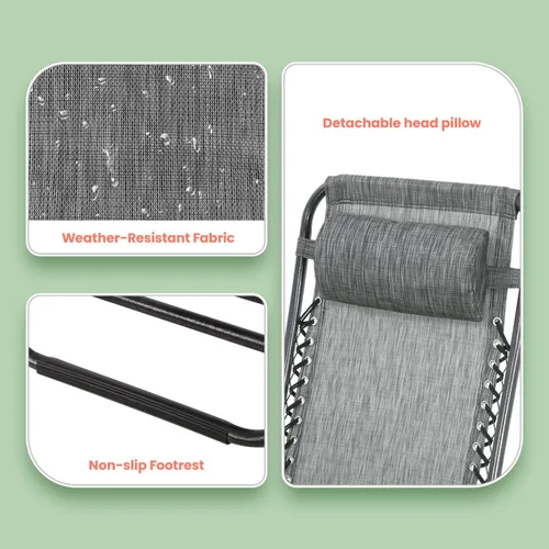 Vista 8 de PayLessHere Juego de 2 sillas plegables ajustables de gravedad cero, silla de playa de textileno con almohada extraíble y soporte para tazas
