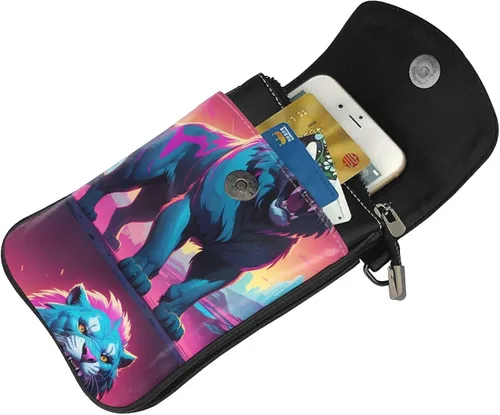 Vista 4 de Synthwave Sabertooth Pattern Leather Crossbody Flap Phone Bag - Versatile Gift for Women Walking, Camping, Shopping, and Travel
