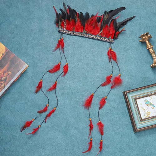 Vista 6 de Aukmla Diadema de plumas indias, disfraz de plumas rave, tocado para Halloween y cosplay para mujer