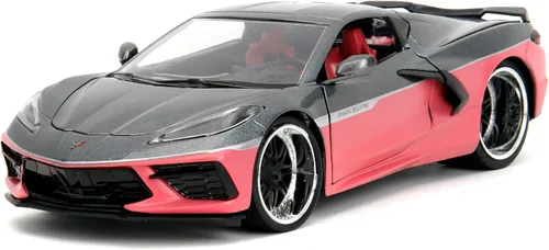 Vista 3 de Jada Pink Slips 1:24 W6 2020 Chevy Corvette - Auto fundido a presión, juguetes para niños y adultos (gris metálico/rosa)