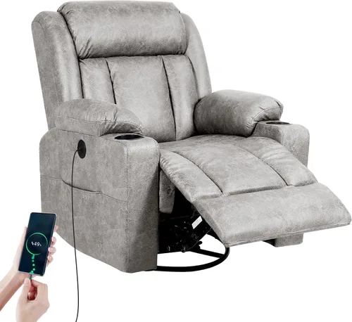 Vista 8 de LEVELEVE Silla reclinable mecedora, silla reclinable de masaje con masaje por vibración y calor, sillas giratorias de piel sintética de 360°, sala