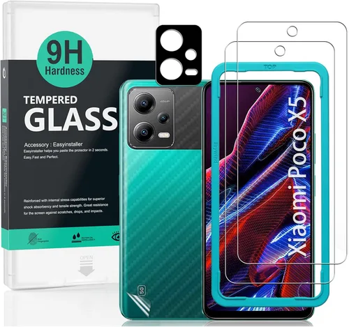 Vista 7 de Ibywind Protector de pantalla para Xiaomi Poco X5 Pro 5G (6.67 pulgadas), paquete de 2 + 1 protector de lente de cámara + 1 película trasera, vidrio