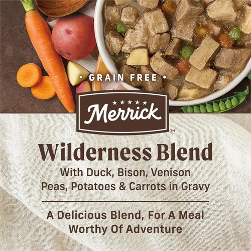 Vista 4 de Merrick Wilderness Blend - Comida húmeda sin cereales para perros, (12) latas de 12.7 onzas (favoritos de adultos)