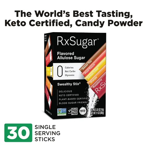 Vista 3 de RxSugar Swealthy Stix 30 paquetes de palitos de caramelo sin azúcar Edulcorante de alulosa 0 calorías, 0 carbohidratos netos, 0 glucémicos