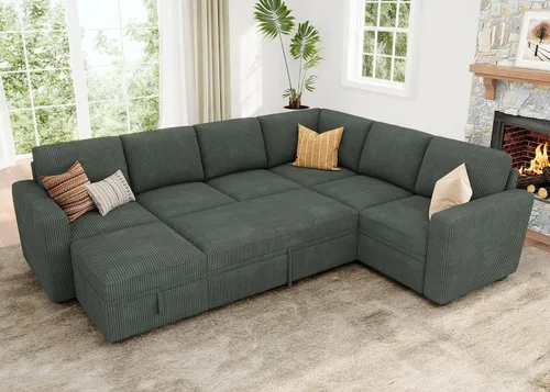 Vista 21 de HONBAY Sofá cama modular, sofá cama modular de pana extraíble con almacenamiento, sofás seccionales en forma de U para sala de estar, color azul