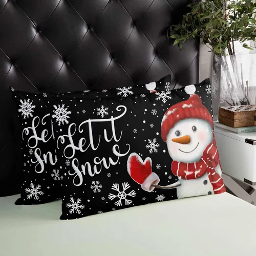 Vista 4 de Fundas de almohada de muñeco de nieve de Navidad, funda de almohada larga de lino, diseño de copos de nieve de invierno clásico, negro, protector