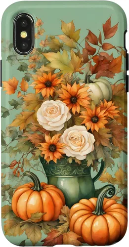 Vista 5 de Vintage Autumn Flower Fall Pumpkin Teal Case for iPhone 17