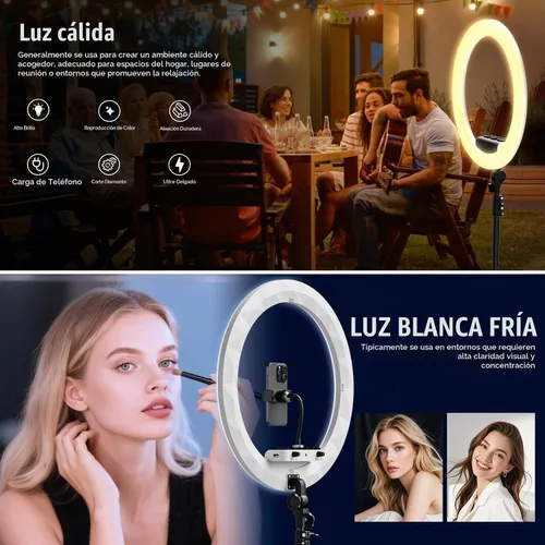 Vista 2 de Anillo de luz de 19" con soporte, trípode de 78" y 3 soportes para teléfono 3 modos de color y luz LED regulable de 6500 K, anillo de luz grande