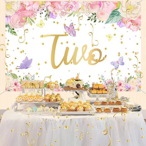 Vista 3 de Cartel de fondo de feliz segundo cumpleaños para decoración de fiesta para niña de 2 años, cartel de tela con texto en inglés "Happy 2", fondo