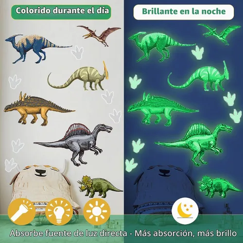 Vista 5 de Adhesivos de pared de dinosaurios que brillan en la oscuridad, calcomanías de pared de dinosaurios autoadhesivas que brillan para techo, calcomanías