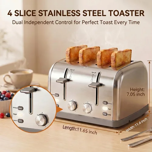 Vista 5 de Tostador retro de 4 rebanadas de acero inoxidable, el mejor tostador Prime de 4 rebanadas con ranura ancha y 7 configuraciones de tostado, perfecto